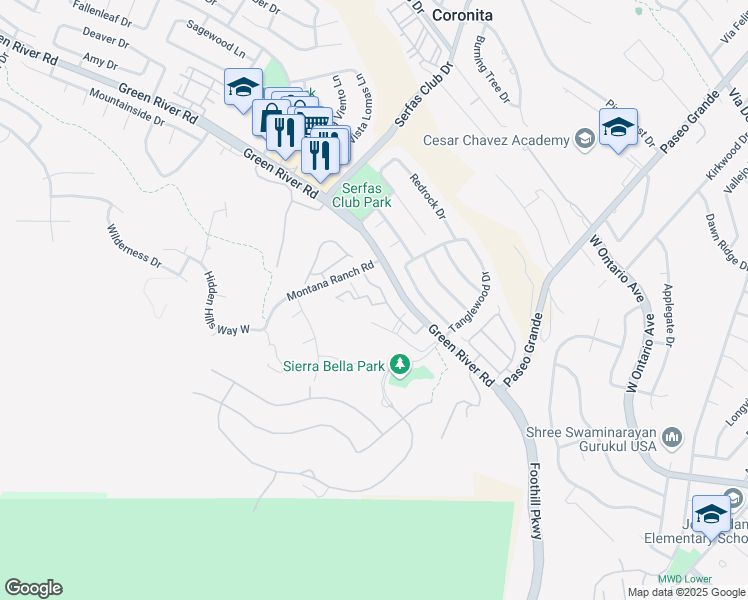 map of restaurants, bars, coffee shops, grocery stores, and more near 2400 Del Mar Way in Corona
