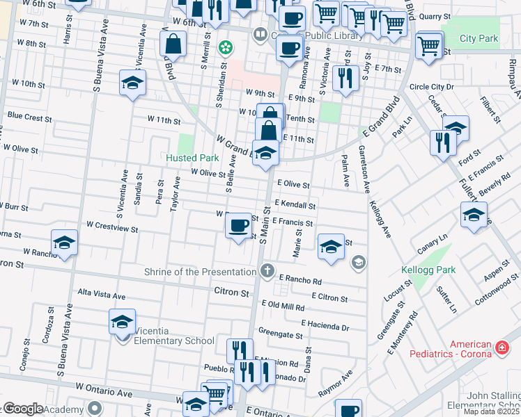 map of restaurants, bars, coffee shops, grocery stores, and more near 1410 South Main Street in Corona