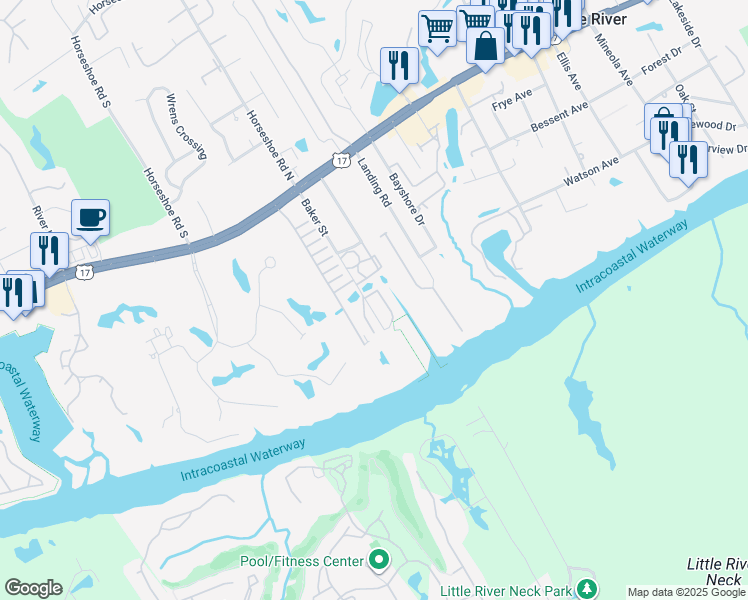 map of restaurants, bars, coffee shops, grocery stores, and more near 4483 Baker Street in Little River