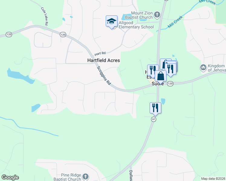 map of restaurants, bars, coffee shops, grocery stores, and more near 418 Scoggins Road in Dallas