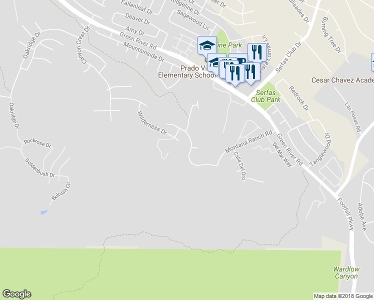map of restaurants, bars, coffee shops, grocery stores, and more near 2840 Hidden Hills Way West in Corona