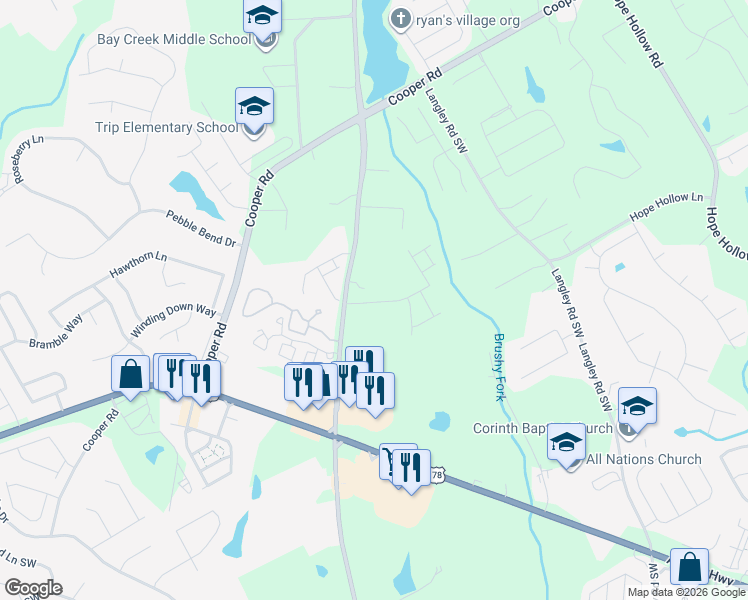 map of restaurants, bars, coffee shops, grocery stores, and more near 2882 Rosebud Road in Loganville