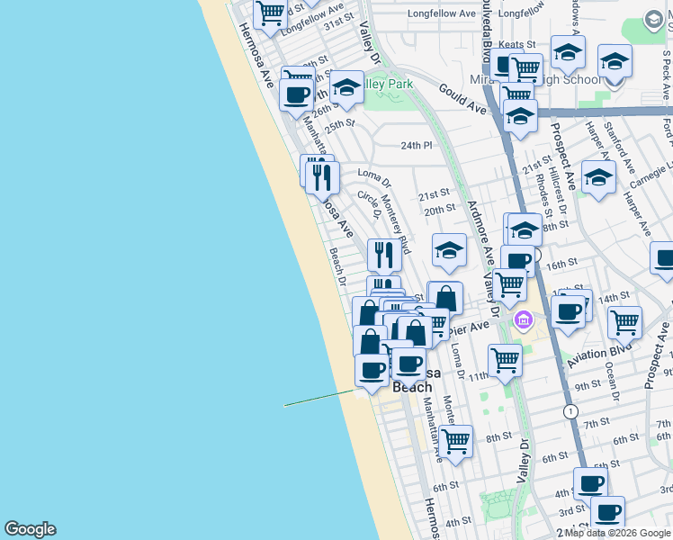 map of restaurants, bars, coffee shops, grocery stores, and more near 1818 The Strand in Hermosa Beach