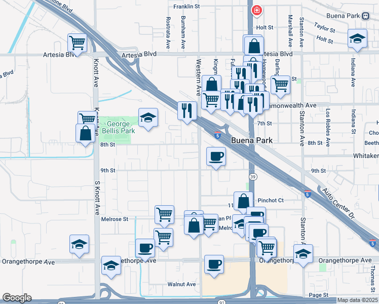 map of restaurants, bars, coffee shops, grocery stores, and more near 7413 Western Bay Drive in Buena Park