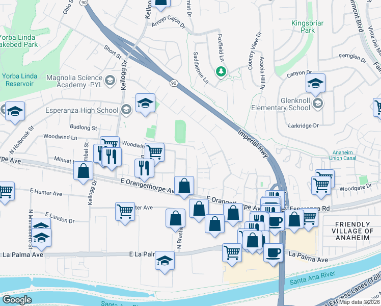 map of restaurants, bars, coffee shops, grocery stores, and more near 1780 North Concerto Drive in Anaheim