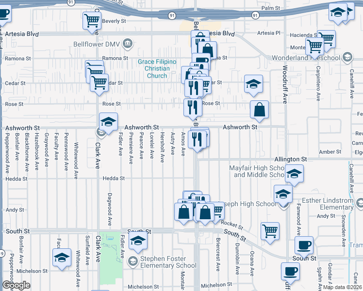 map of restaurants, bars, coffee shops, grocery stores, and more near 6119 Amos Avenue in Lakewood