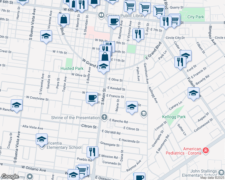 map of restaurants, bars, coffee shops, grocery stores, and more near 202 East Kendall Street in Corona