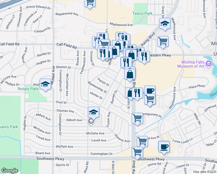 map of restaurants, bars, coffee shops, grocery stores, and more near 4306 Faith Road in Wichita Falls