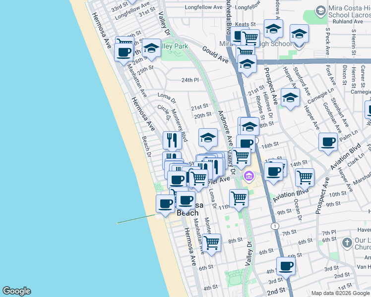 map of restaurants, bars, coffee shops, grocery stores, and more near 1818 Monterey Boulevard in Hermosa Beach