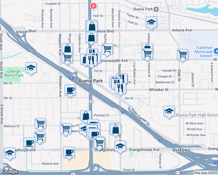map of restaurants, bars, coffee shops, grocery stores, and more near 7852 8th Street in Buena Park