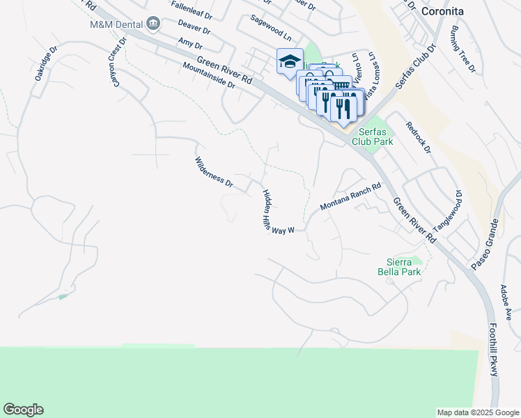 map of restaurants, bars, coffee shops, grocery stores, and more near 2840 Hidden Hills Way West in Corona