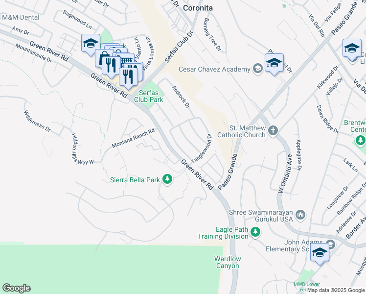 map of restaurants, bars, coffee shops, grocery stores, and more near 2271 Pepperwood Lane in Corona