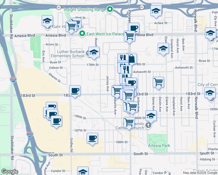 map of restaurants, bars, coffee shops, grocery stores, and more near 18017 Jersey Avenue in Artesia