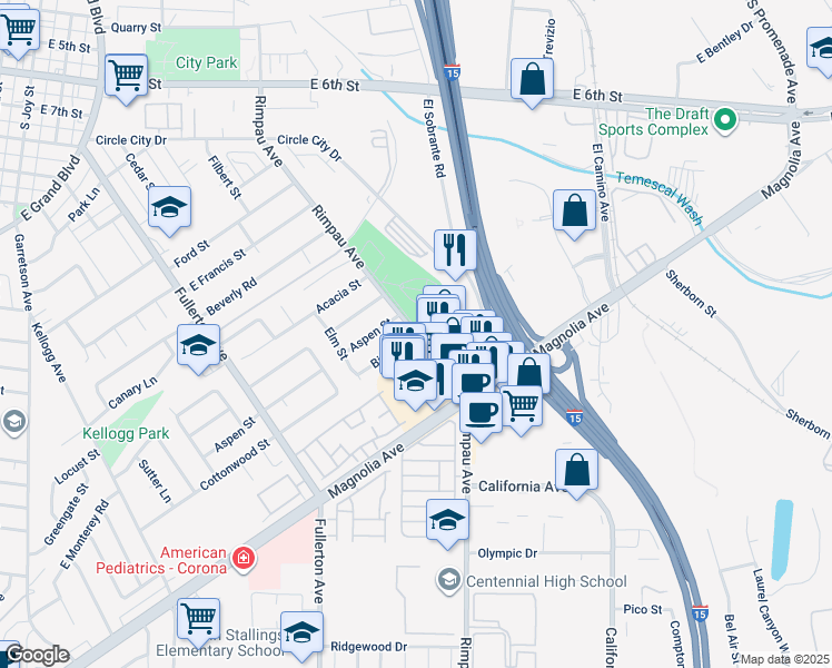 map of restaurants, bars, coffee shops, grocery stores, and more near 1295 Rimpau Avenue in Corona
