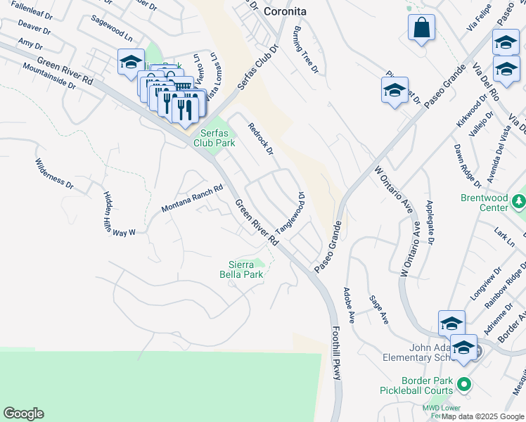 map of restaurants, bars, coffee shops, grocery stores, and more near 2271 Pepperwood Lane in Corona