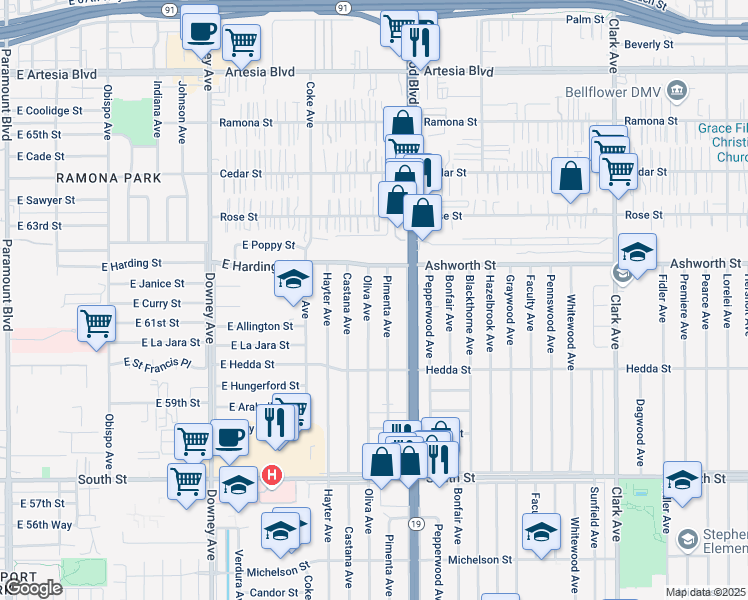 map of restaurants, bars, coffee shops, grocery stores, and more near 6133 Oliva Avenue in Lakewood