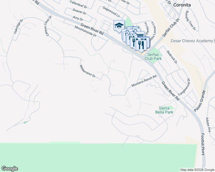 map of restaurants, bars, coffee shops, grocery stores, and more near 2840 Hidden Hills Way West in Corona