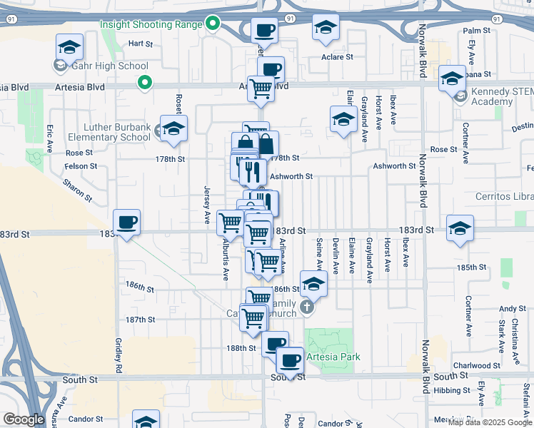 map of restaurants, bars, coffee shops, grocery stores, and more near 18029 Arline Avenue in Artesia