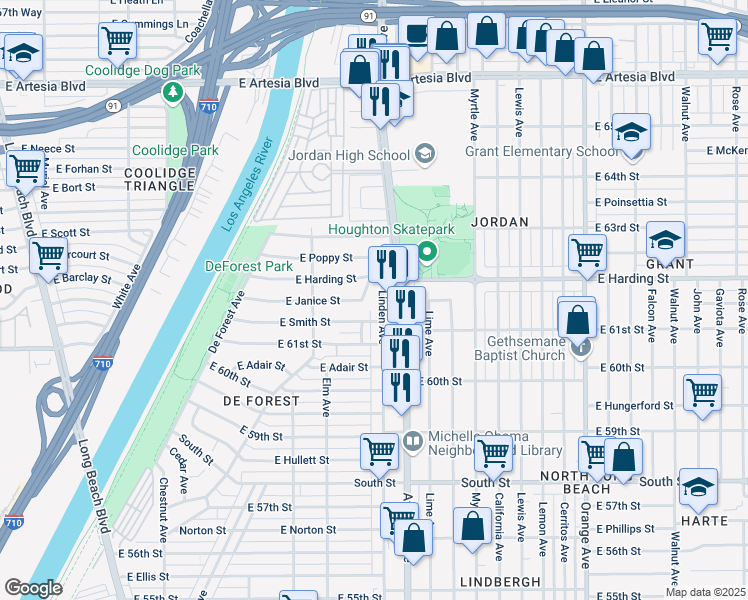 map of restaurants, bars, coffee shops, grocery stores, and more near 6163 Linden Avenue in Long Beach