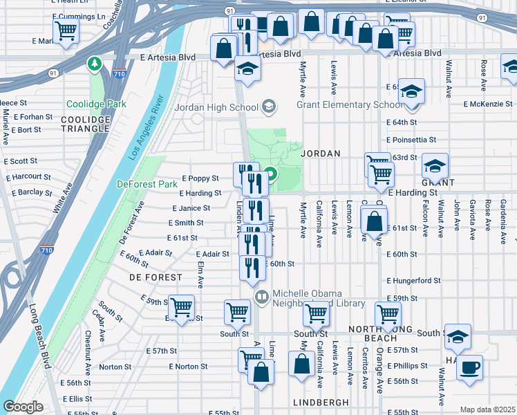 map of restaurants, bars, coffee shops, grocery stores, and more near in Long Beach