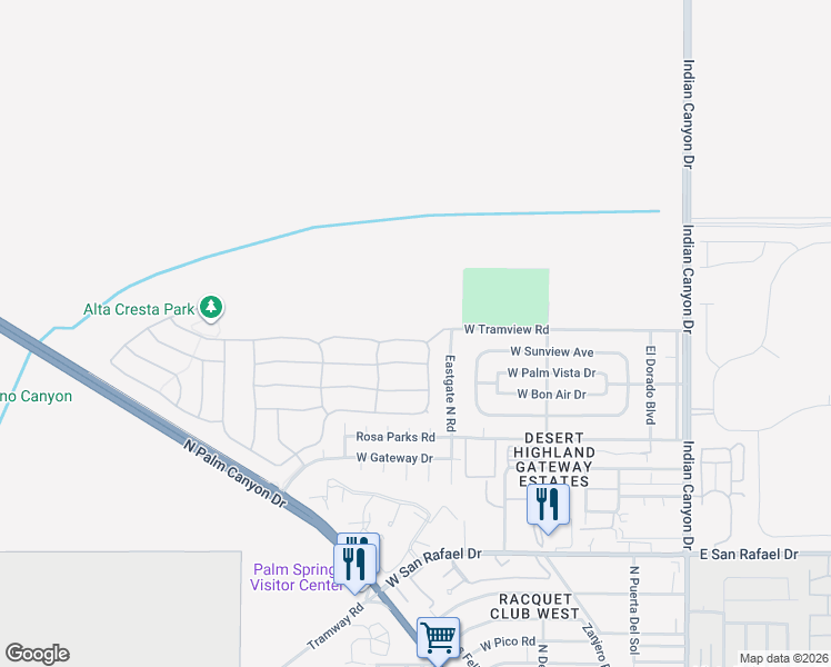 map of restaurants, bars, coffee shops, grocery stores, and more near 702 Summit Drive in Palm Springs