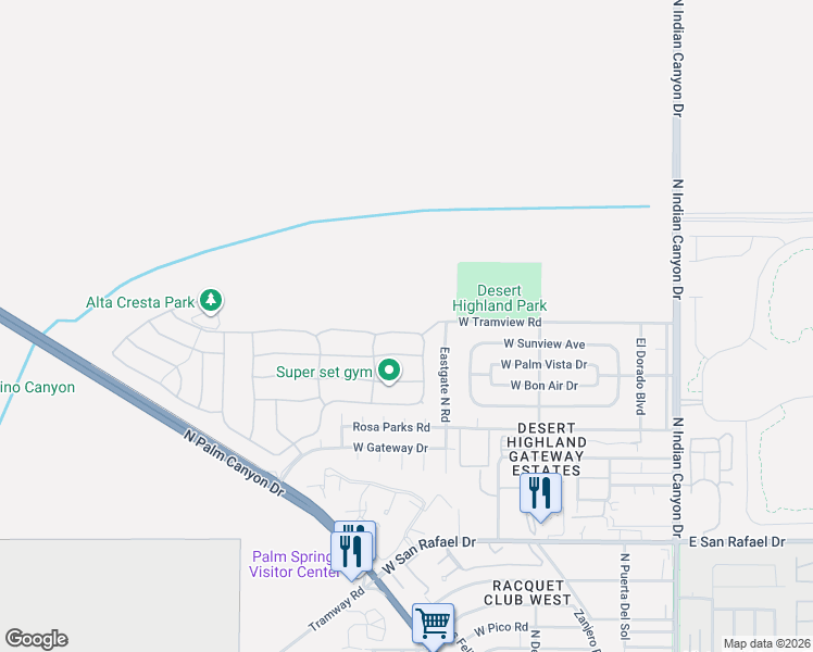 map of restaurants, bars, coffee shops, grocery stores, and more near 702 Summit Drive in Palm Springs