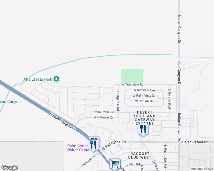 map of restaurants, bars, coffee shops, grocery stores, and more near 702 Summit Drive in Palm Springs