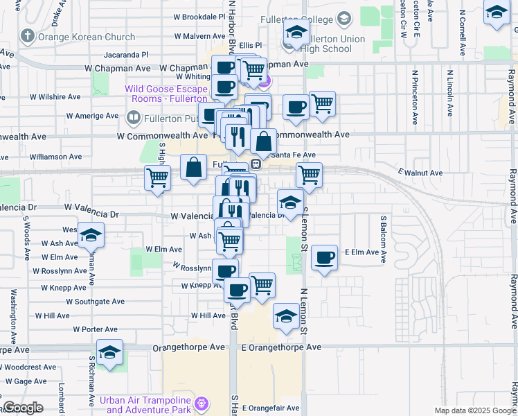 map of restaurants, bars, coffee shops, grocery stores, and more near 136 East Truslow Avenue in Fullerton