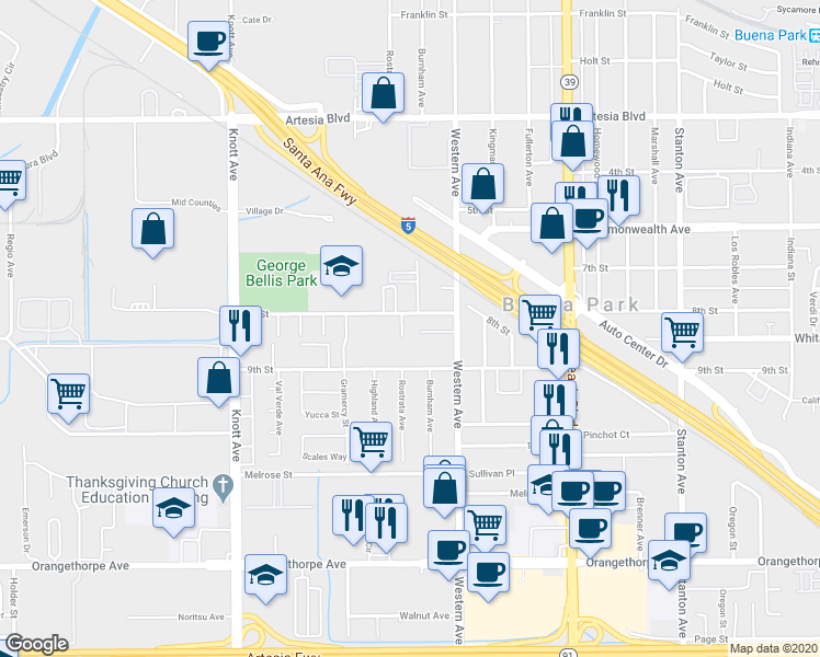 map of restaurants, bars, coffee shops, grocery stores, and more near 7340 8th Street in Buena Park