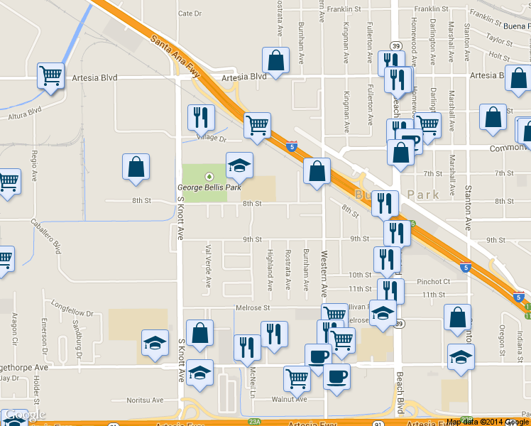 map of restaurants, bars, coffee shops, grocery stores, and more near 7270 8th Street in Buena Park