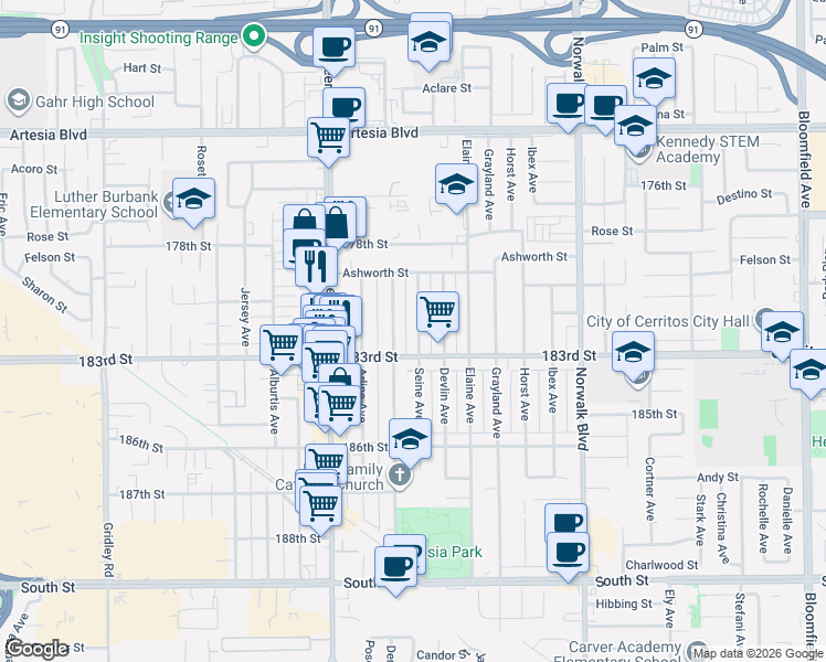map of restaurants, bars, coffee shops, grocery stores, and more near 18020 Seine Avenue in Artesia