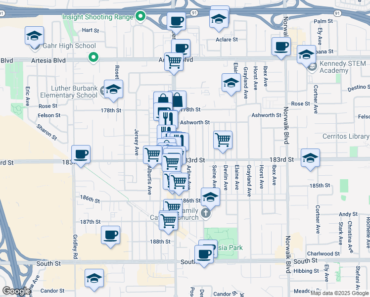 map of restaurants, bars, coffee shops, grocery stores, and more near 18029 Arline Avenue in Artesia