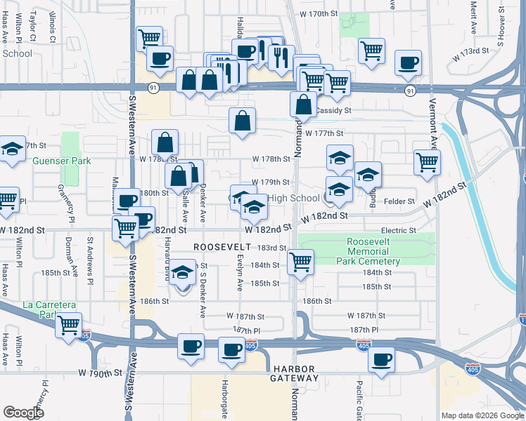 map of restaurants, bars, coffee shops, grocery stores, and more near 1411 180th Street in Gardena