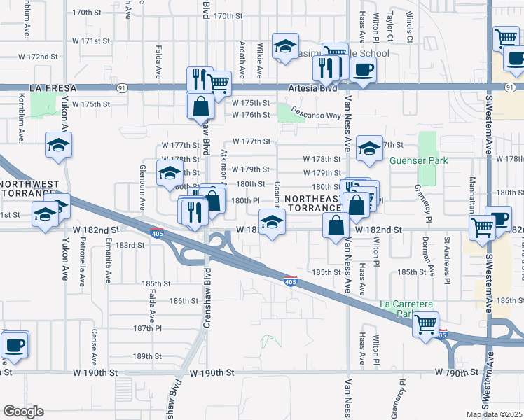 map of restaurants, bars, coffee shops, grocery stores, and more near 2614 180th Place in Torrance
