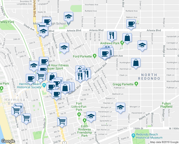 map of restaurants, bars, coffee shops, grocery stores, and more near 1016 Palm Lane in Redondo Beach