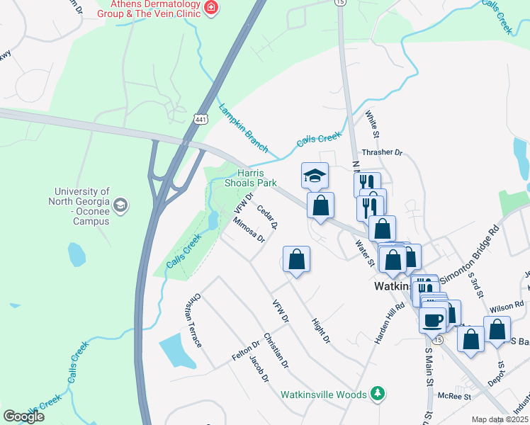map of restaurants, bars, coffee shops, grocery stores, and more near 98 Cedar Drive in Watkinsville