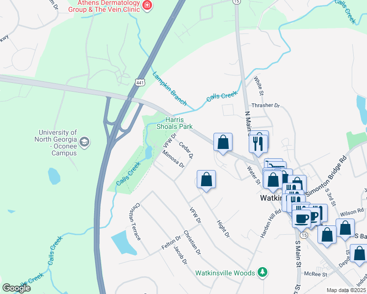 map of restaurants, bars, coffee shops, grocery stores, and more near 188 VFW Drive in Watkinsville