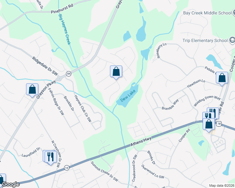 map of restaurants, bars, coffee shops, grocery stores, and more near 2602 Haynes Meadow Court Southwest in Grayson