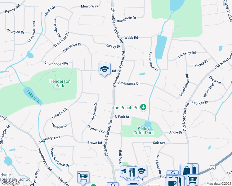 map of restaurants, bars, coffee shops, grocery stores, and more near 4178 Castle Pines Court in Tucker