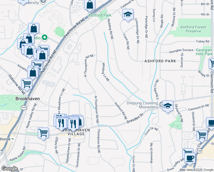 map of restaurants, bars, coffee shops, grocery stores, and more near 2719 Ashford Road Northeast in Atlanta