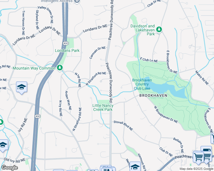 map of restaurants, bars, coffee shops, grocery stores, and more near 4084 Peachtree Dunwoody Road in Atlanta