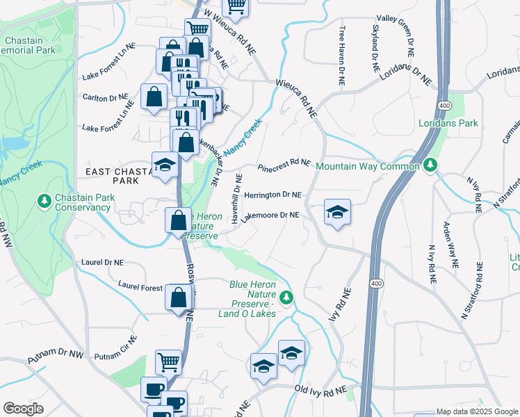 map of restaurants, bars, coffee shops, grocery stores, and more near 348 Lakemoore Drive Northeast in Atlanta