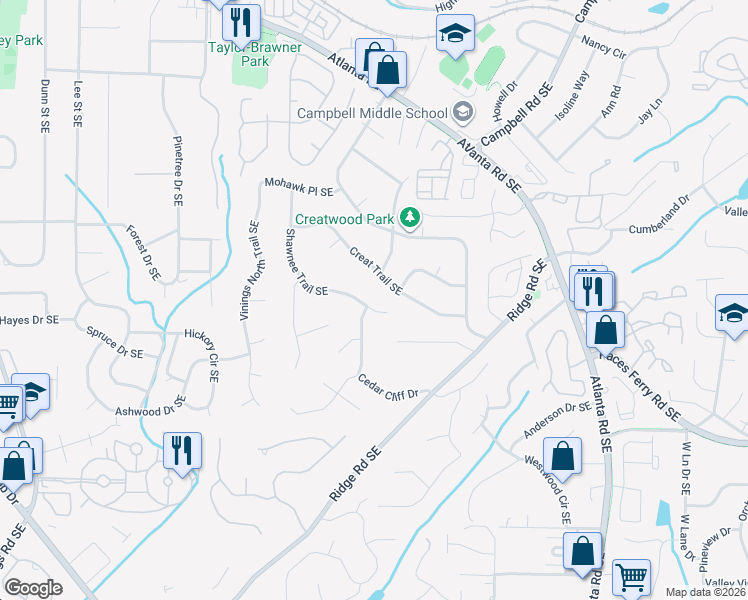 map of restaurants, bars, coffee shops, grocery stores, and more near 3477 Shawnee Trail Southeast in Smyrna