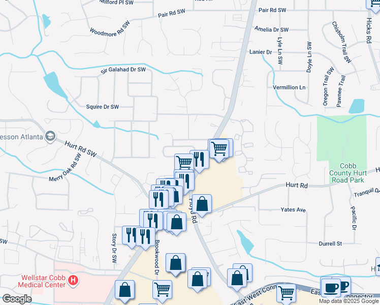 map of restaurants, bars, coffee shops, grocery stores, and more near 1558 Park Brooke Circle Southwest in Marietta