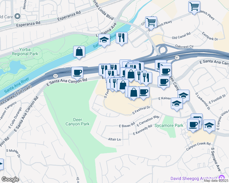 map of restaurants, bars, coffee shops, grocery stores, and more near 8018 East Santa Ana Canyon Road in Anaheim