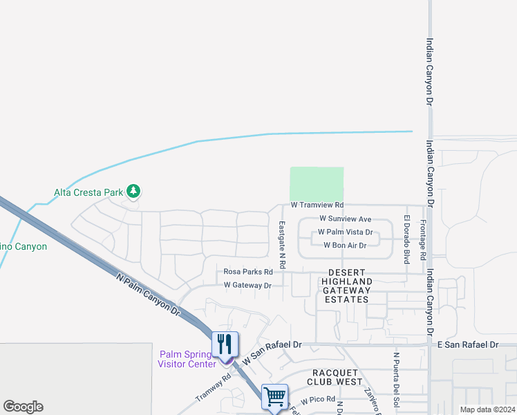 map of restaurants, bars, coffee shops, grocery stores, and more near 716 Summit Drive in Palm Springs