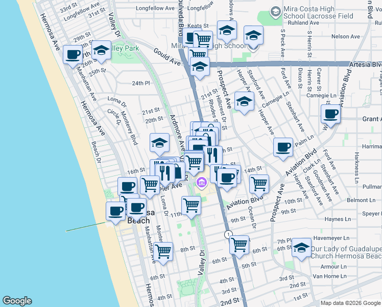 map of restaurants, bars, coffee shops, grocery stores, and more near 1600 Ardmore Avenue in Hermosa Beach
