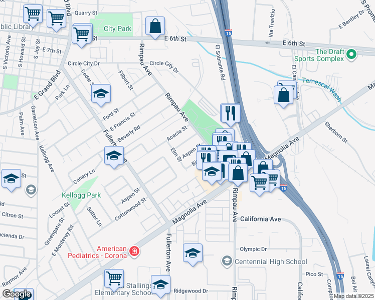map of restaurants, bars, coffee shops, grocery stores, and more near 1125 Aspen Street in Corona