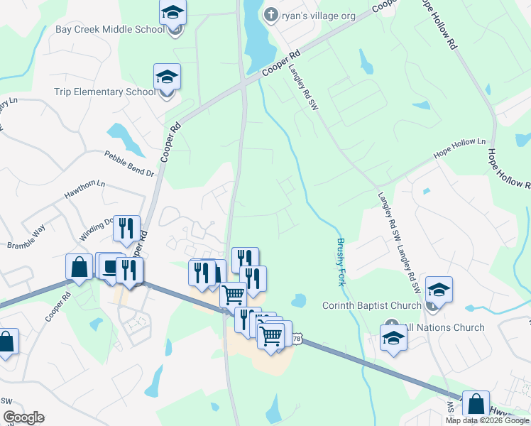 map of restaurants, bars, coffee shops, grocery stores, and more near 2864 Rosebud Road in Loganville