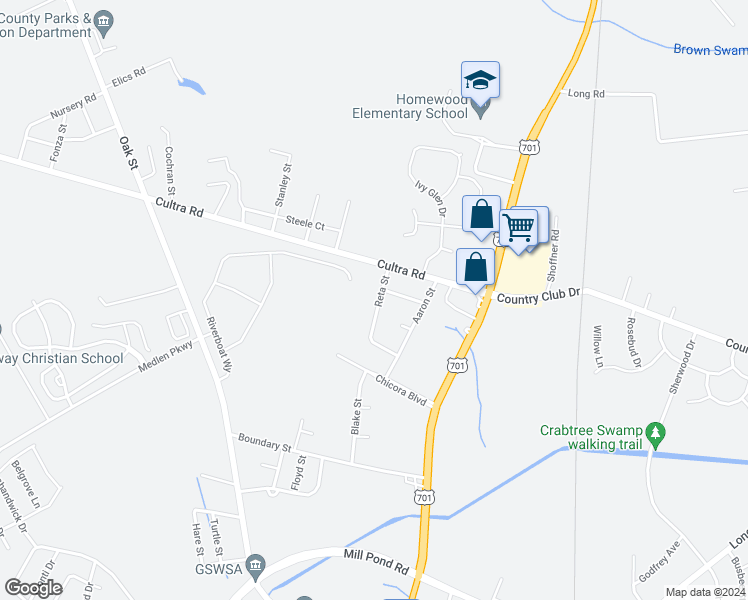 map of restaurants, bars, coffee shops, grocery stores, and more near 2517 Reta Street in Conway